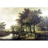 17th Century Dutch school - Oil painting - River landscape with water mill, tree lined pathway and