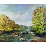 19th/20th Century School - Oil painting - Tree lined river landscape, board, 20ins x 24ins, in