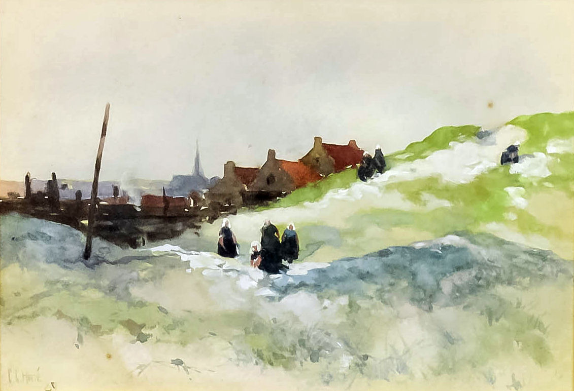 Georges Charles Haite (1855-1924) - Watercolour - Landscape with figures and village to