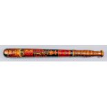 A Victorian turned wood truncheon, painted with crown over royal arms within garter and buckle, over