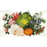 Chinese school - Pair of watercolours and gouache on pith paper - Studies of flowers, fruit, and