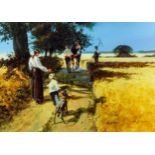 ***John Haskins (born 1938) - Oil painting - "Offley Lane, Hertfordshire" - Harvest scene with