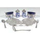 A pair of George III silver butter shells with bead mounts and on three shell pattern feet, 5.5ins x