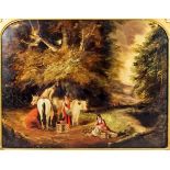 19th Century British school - Oil painting - Mounted horseman, with two milk maids and cattle