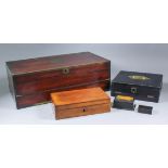 A 19th Century brass bound rosewood rectangular writing box, 18ins x 9.75ins x 6ins high, a small