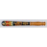 A Victorian turned wood short truncheon, painted with crown over monogram, over device, on a black