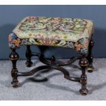 A late 17th Century walnut rectangular stool of "William & Mary" design, the seat upholstered in