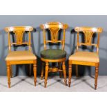 A William IV maple and satin birch music chair and a pair of matching single chairs, the curved