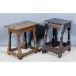 A 17th Century oak joint stool with plain top, scroll carved and moulded rails on turned supports