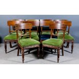 A set of ten William IV mahogany dining chairs with plain deep curved crest rails, plain uprights,