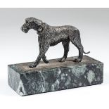 An Elizabeth II cast silver model of a wolfhound on a green veined marble rectangular plinth, 5ins