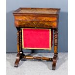 A figured walnut and burr wood rectangular worktable, the panelled top with moulded edge opening