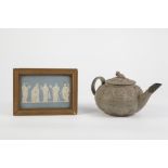 LATE EIGHTEENTH CENTURY WEDGWOOD MOULDED OLIVE GREEN JASPERWARE POTTERY TEAPOT, decorated with two