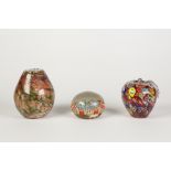 SIX PIECES OF COLOURED GLASS, comprising: Wedgwood owl pattern PAPERWEIGHT, MDINA style VASE, in