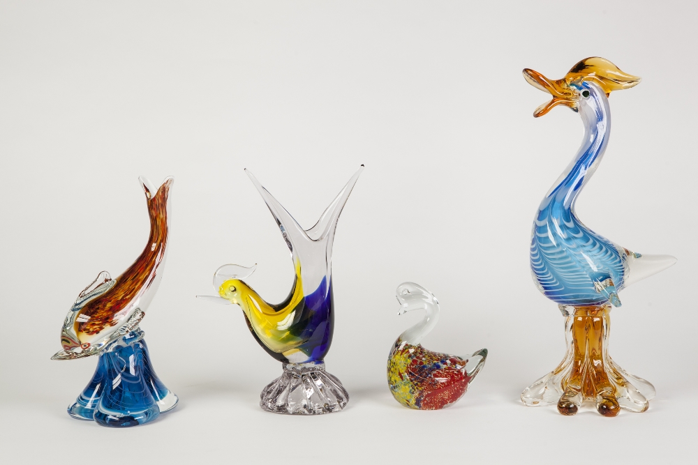 COLLECTION OF SEVEN COLOURED GLASS MODELS OF ANIMALS, including a cockerel, two fishes, dog?, - Image 2 of 2