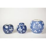 A NINETEENTH CENTURY CHINESE PORCELAIN BLUE AND WHITE GINGER JAR (minus cover) with prunus blossom