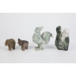 FOUR PIECES OF ORIENTAL CARVED HARDSTONE comprising a Deity, 4 1/2" (11.4cm) high, a cockerel, 4 1/