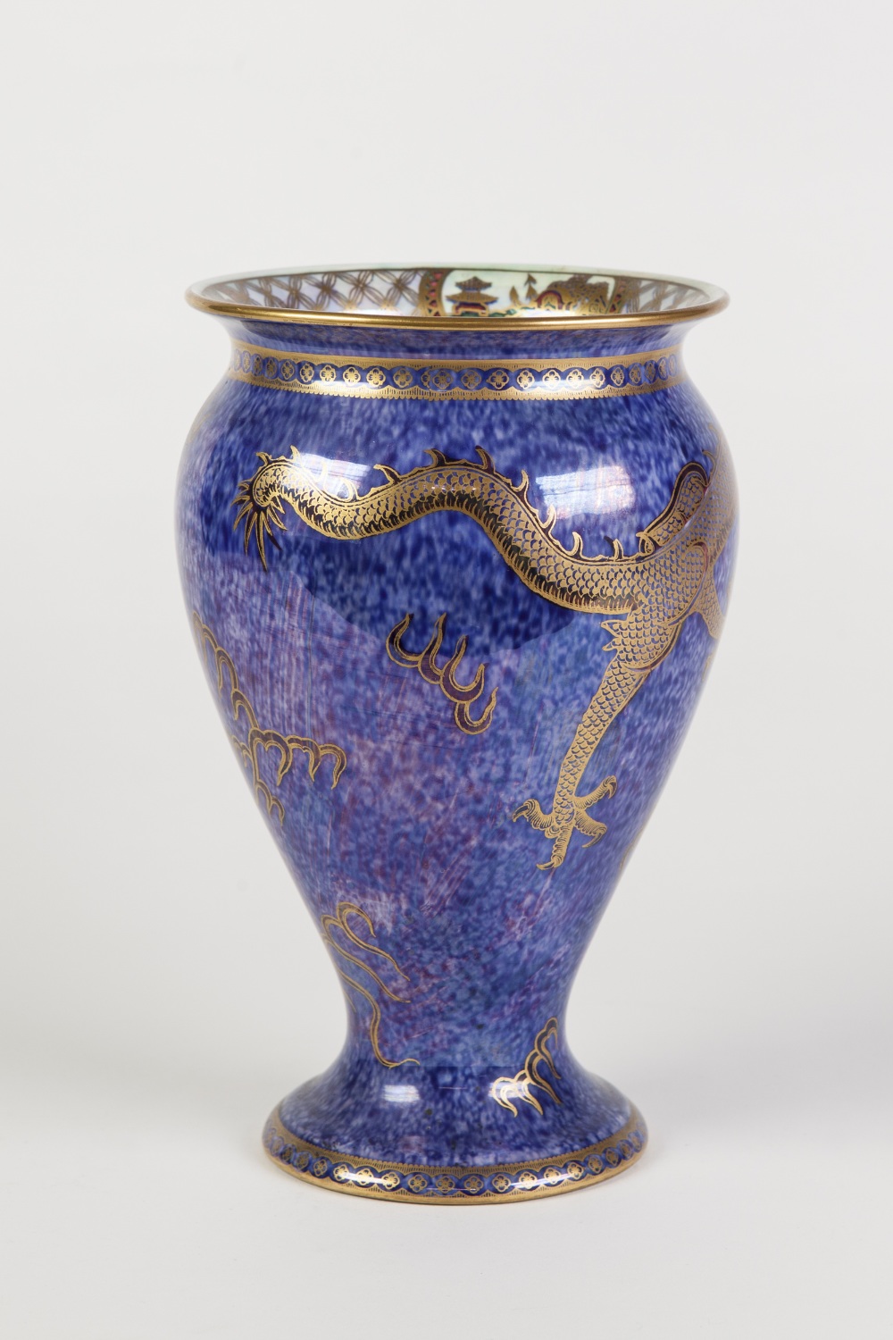 WEDGWOOD 'DRAGON' LUSTRE CHINA VASE, of footed ovoid form with lipped rim, the exterior gilt printed - Image 2 of 2