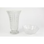 FIVE PIECES OF MODERN GOOD QUALITY CUT GLASSWARE, comprising: TALL, FLARED VASE with circular