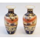 A PAIR OF 1930's JAPANESE NORITAKE PORCELAIN SHOULDERED OVIFORM VASES, decorated with encircling
