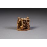 A GOOD 19TH CENTURY JAPANESE CARVED IVORY NETSUKE IN THE FORM OF TRAVELLERS being carried in a