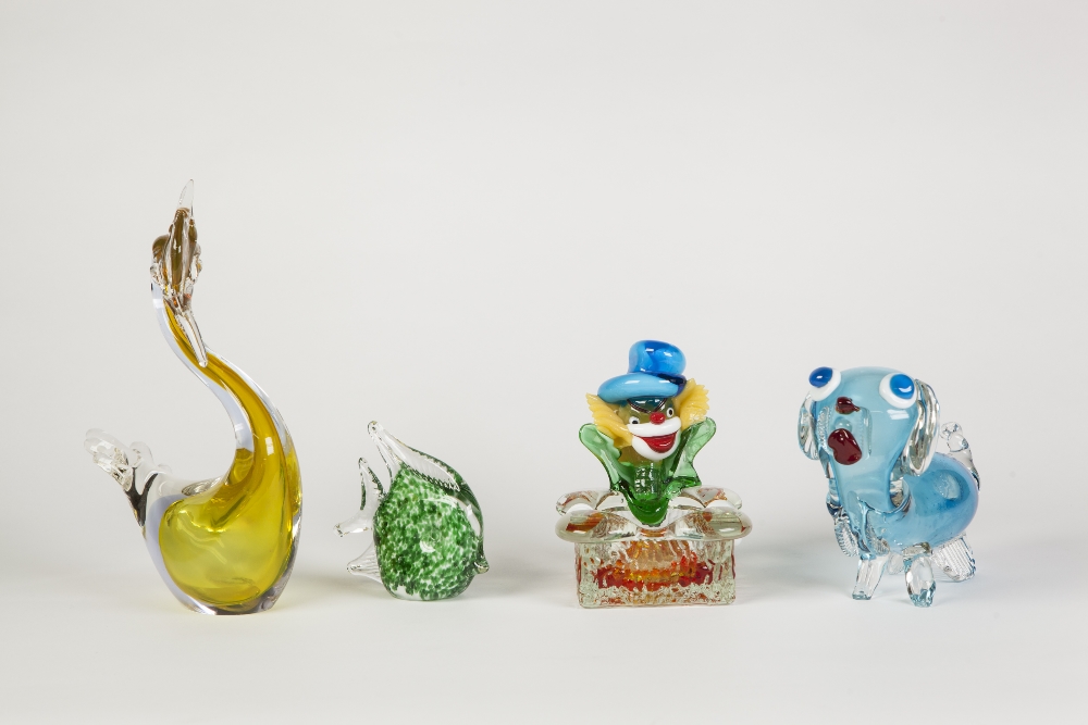 COLLECTION OF SEVEN COLOURED GLASS MODELS OF ANIMALS, including a cockerel, two fishes, dog?,