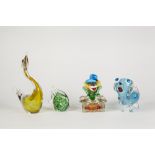 COLLECTION OF SEVEN COLOURED GLASS MODELS OF ANIMALS, including a cockerel, two fishes, dog?,