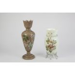 VICTORIAN HAND PAINTED BROWN OPALINE GLASS VASE, of footed, tapering form with shaped rim, decorated