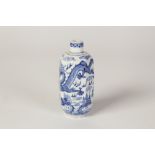 A CHINESE PORCELAIN OCTAGONAL SNUFF BOTTLE (minus stopper), finely painted in underglaze blue with