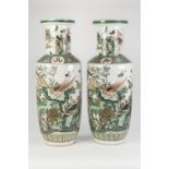 MATCHING PAIR OF CHINESE FAMILLE VERTE ENAMELLED PORCELAIN LARGE VASES, each of rouleau form, well