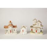 NINETEENTH CENTURY STAFFORDSHIRE PORCELLANEOUS COTTAGE PASTILLE BURNER AND PEN HOLDER, on scroll