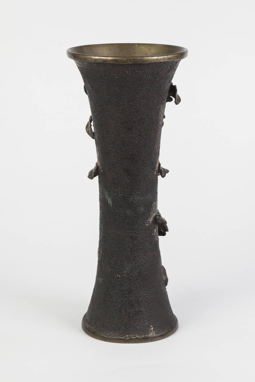 JAPANESE BRONZE VASE, of waisted form, applied in high relief with a flowering chrysanthemum, on a - Image 2 of 2