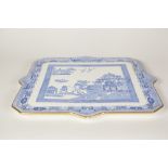MINTON WILLOW PATTERN BLUE AND WHITE CHINA TWO HANDLED SQUARE TRAY, with gilt lined border, 14 ½" (