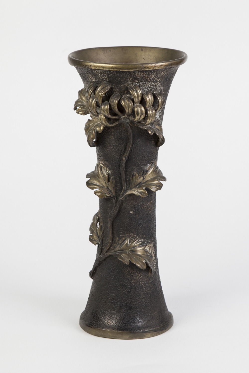 JAPANESE BRONZE VASE, of waisted form, applied in high relief with a flowering chrysanthemum, on a