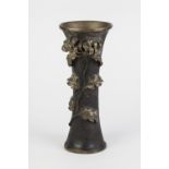 JAPANESE BRONZE VASE, of waisted form, applied in high relief with a flowering chrysanthemum, on a
