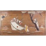 PROBABLY JAPANESE TWENTIETH CENTURY HARDWOOD AND HARDSTONE INSET PICTORIAL WALL PANEL, of oblong