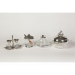 FOUR PIECES OF SIGNATURE ROYALE, ETAIN PEWTER MOUNTED GLASS, COMPRISING; PRESERVE JAR AND COVER,