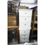 TWO MODERN WHITE FINISH PEDESTAL OF THREE DRAWERS, A MODERN PINE FRAMED WALL MIRROR AND A PAIR OF