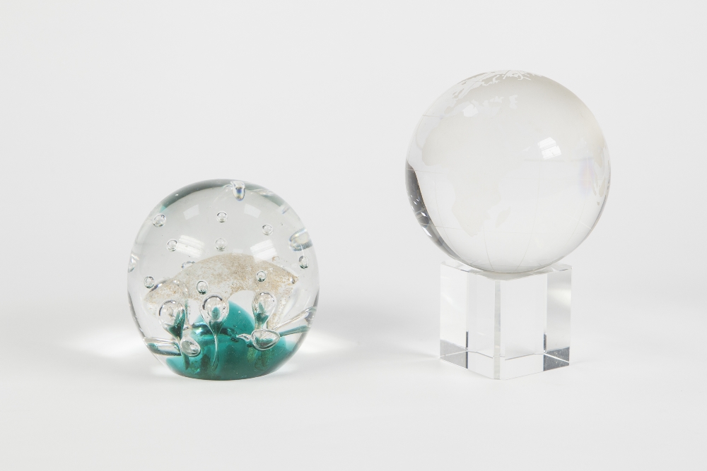 MODERN GLASS PAPERWEIGHT, with bubble inclusions and turquoise base, and a GLOBE PATTERN PAPERWEIGHT