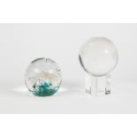 MODERN GLASS PAPERWEIGHT, with bubble inclusions and turquoise base, and a GLOBE PATTERN PAPERWEIGHT