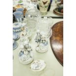 FOUR PIECES OF CUT GLASS, comprising; TWO ROSE BOWLS WITH GRILLES, FRUIT BOWL AND A JUG, FOUR