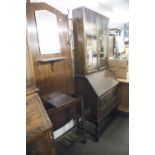 CIRCA 1930's OAK BUREAU BOOKCASE WITH PAN PATTERN LEADED AND GLAZED TOP OVER TWO DRAWERS AND