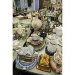 VICTORIAN AND LATER CERAMICS, including large two handled pedestal vase, six teapots, pink glazed