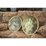 A PAIR OF FRENCH OVAL PRINTS, NINETEENTH CENTURY LADIES IN DRESSES IN GILT FRAMES WITH BOW AND