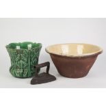 GREEN GLAZED 'NATAL, No 5' JARDINIERE, TOGETHER WITH A TERRACOTTA LARGE MIXING BOWL, AND A SALT