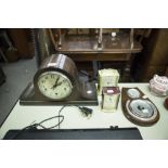A JAMES WALKER CLOCK, TWO CARRIAGE CLOCKS AND A BAROMETER (4)