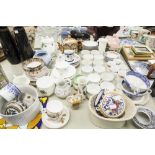 QUANTITY OF CHINA AND POTTERY TO INCLUDE; CUPS AND SAUCERS, TEAPOTS, JELLY MOULD, ETC......