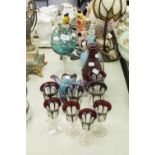 COLOURED GLASS TO INCLUDE; EIGHT RUBY FLASHED STEM WINES, IN TWO SIZES, STUDIO GLASS ASHTRAY, TWO