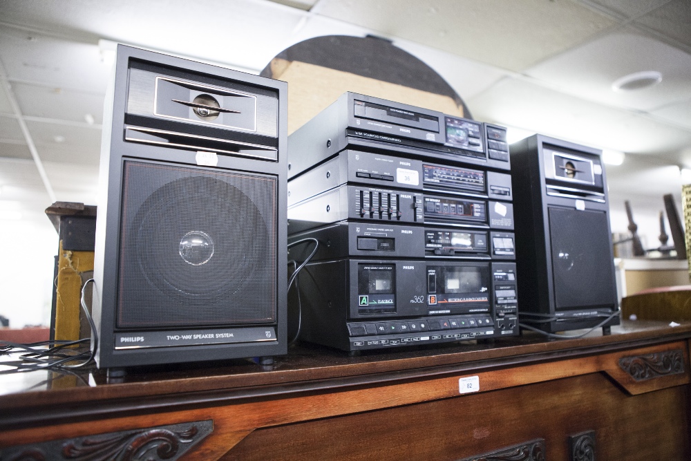 A PHILIPS STACKING STEREO AND A PAIR OF LOUD SPEAKERS