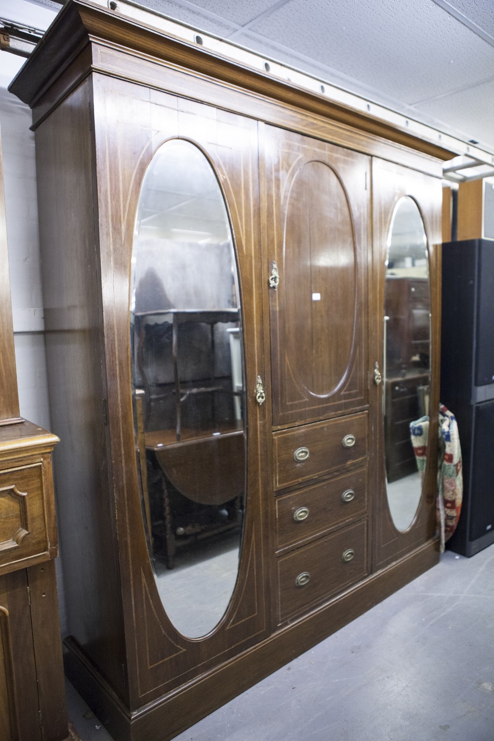 LATE NINETEENTH CENTURY INLAID OAK BEACONSFIELD TYPE WARDROBE WITH TWO OVAL MIRROR PANEL DOORS (A.